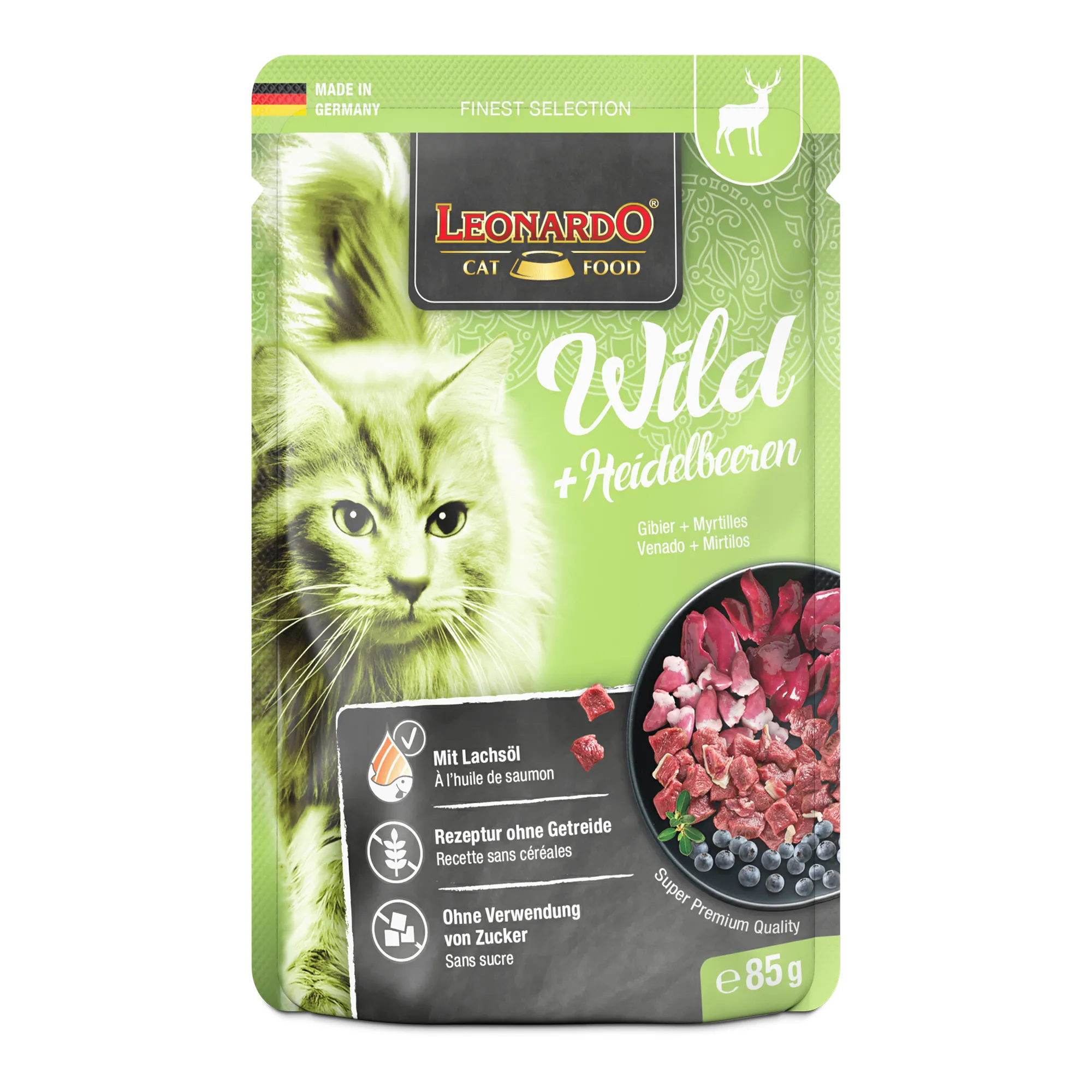 Leonardo Wild und Heidelbeeren 85 g – Nassfutter für Katzen