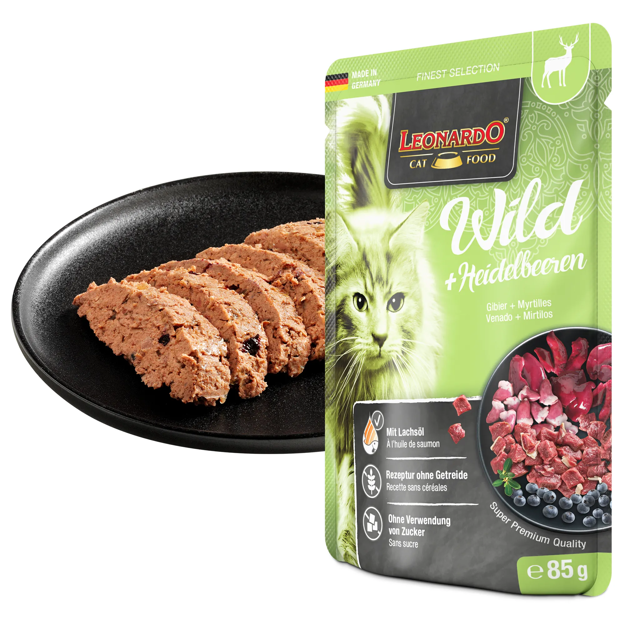 Leonardo Wild und Heidelbeeren 85 g – Nassfutter für Katzen