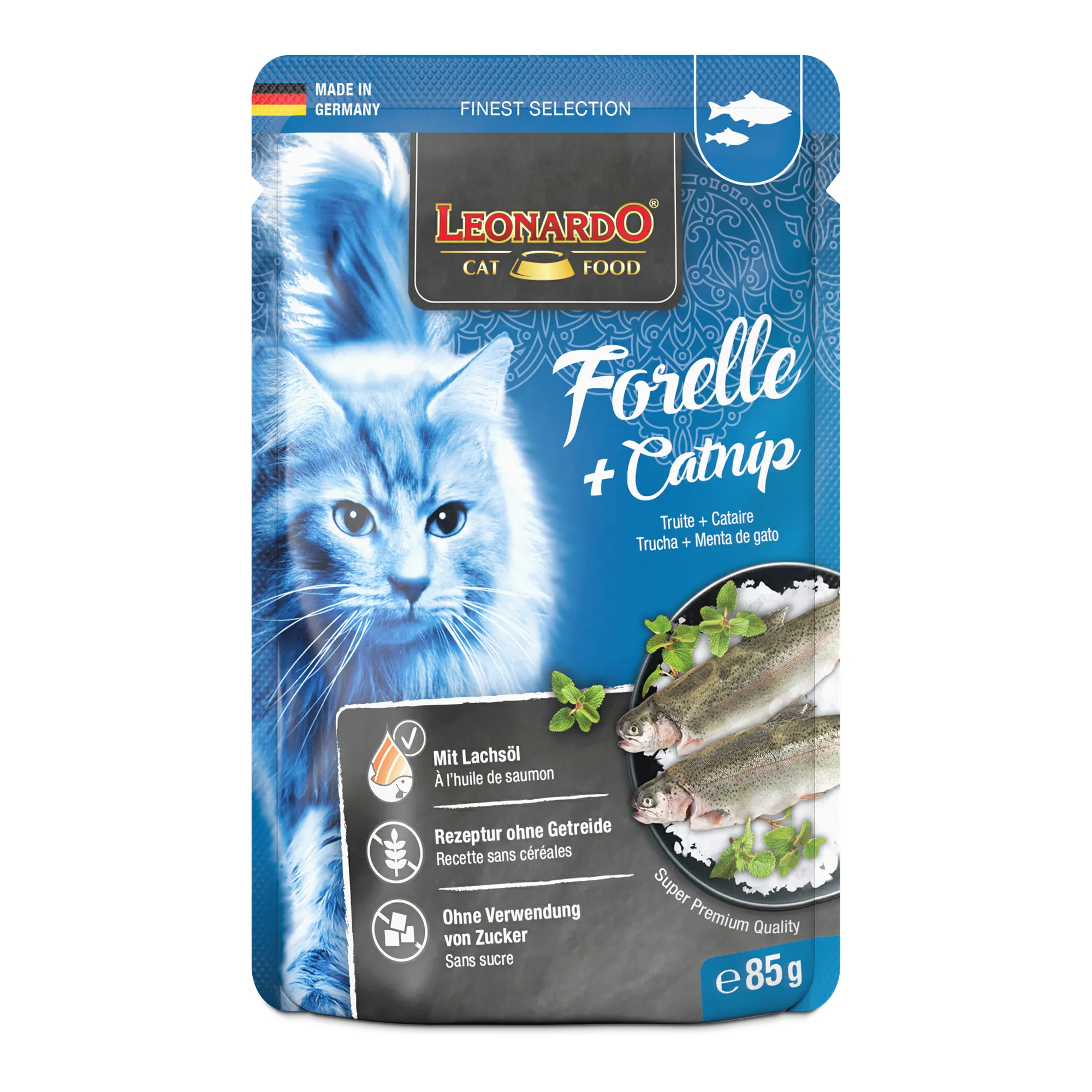 Leonardo Forelle und Catnip 85 g – Nassfutter für Katzen