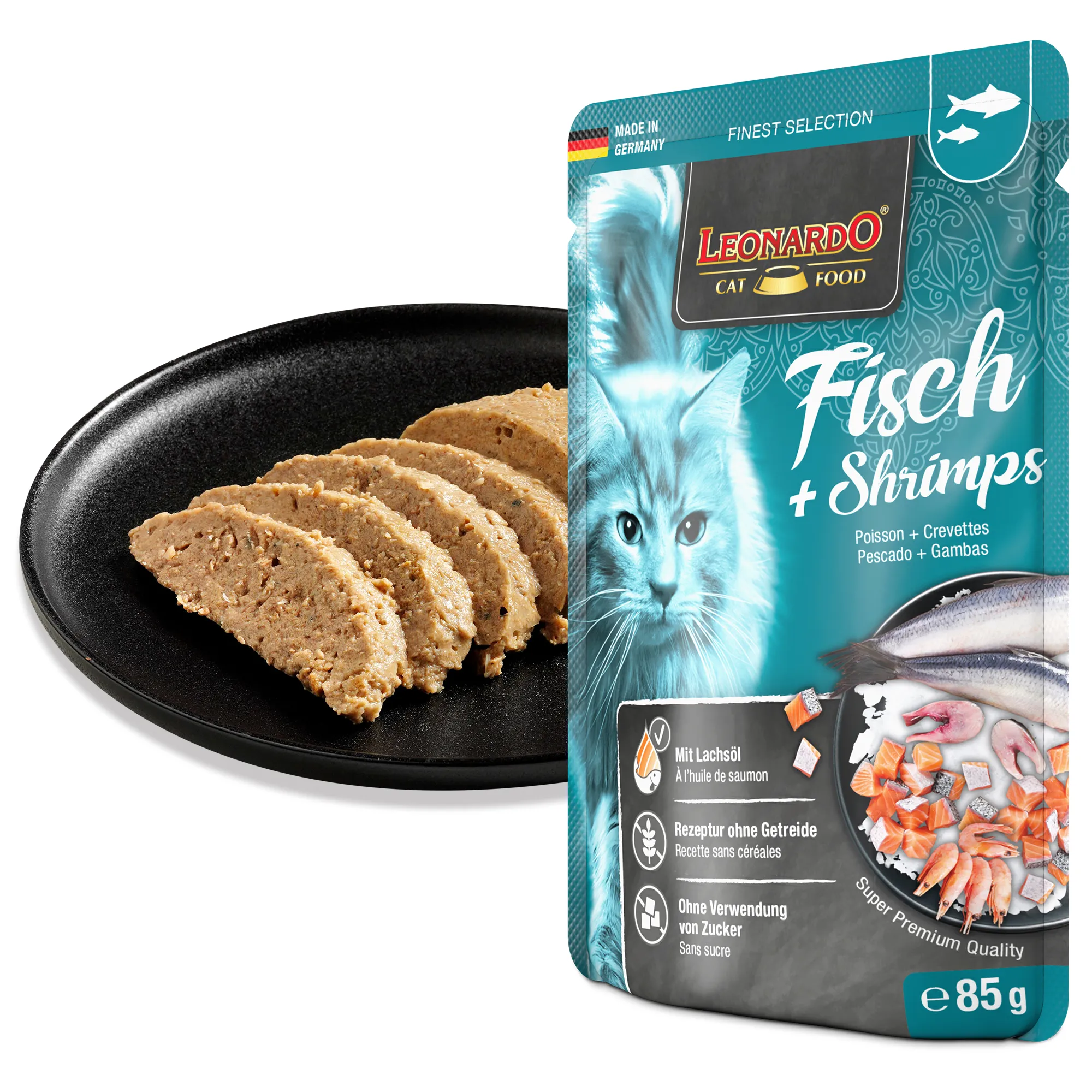 Leonardo Fisch und Shrimps 85 g – Nassfutter für Katzen